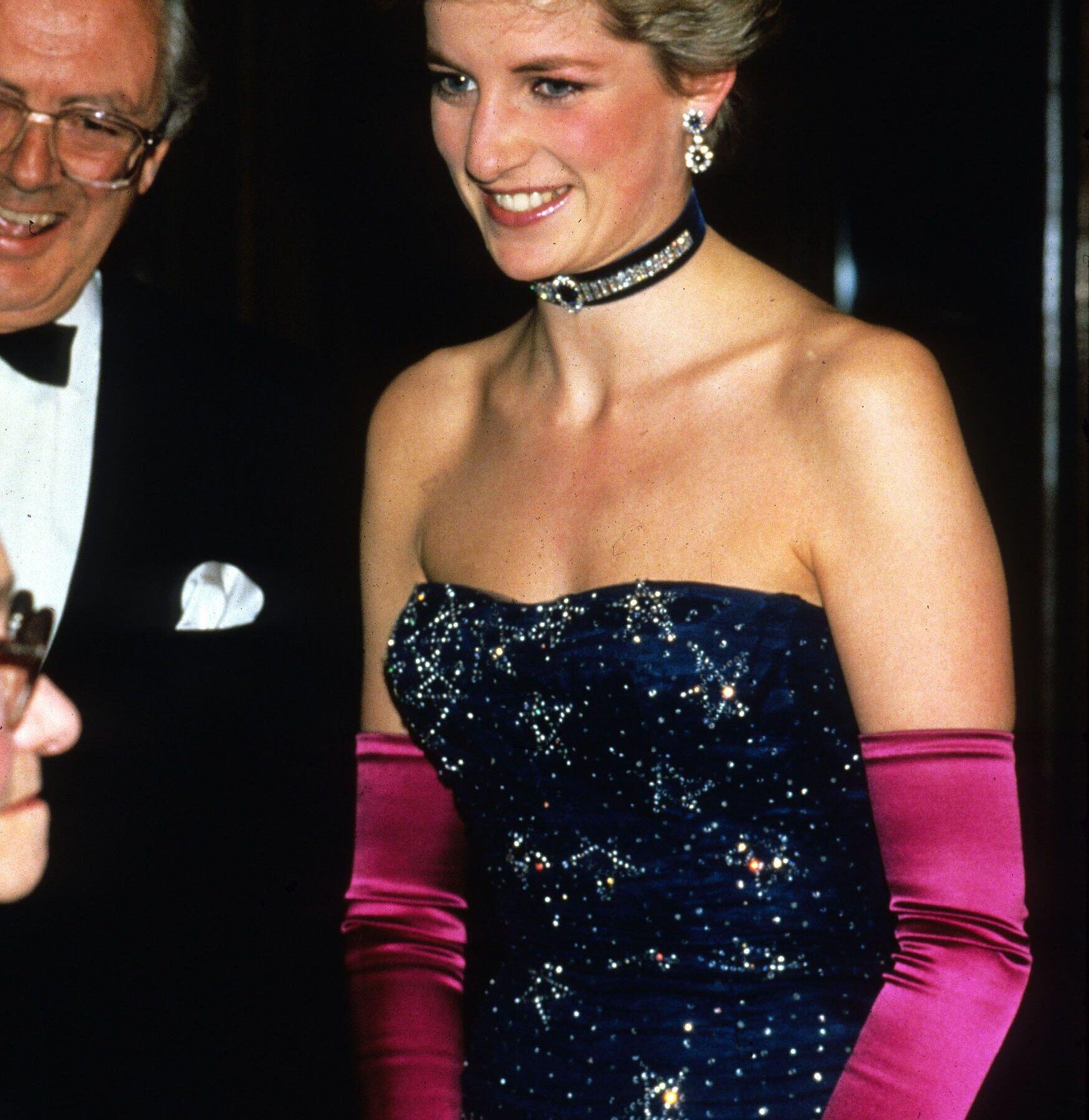 Diana, Princess of Wales, wearing a Murray Arbeid dress, at the Phantom of the Opera premiere in October 1986